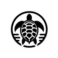 A stylized black sea turtle silhouette enclosed within a circular frame, showcasing a minimalist aesthetic and geometrical shapes. vector
