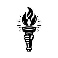 Stylized Black and White Illustration of a Hand Holding a Torch with Flames and Radiating Lines, Symbolizing Enlightenment. vector