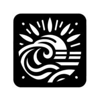 Black and white stylized illustration of ocean waves and a setting sun within a rounded square frame, minimalist . vector