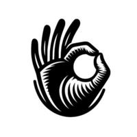 Black and White Illustration UpwardFacing Hand Forming the OK Gesture with a stylized, LinocutInspired Aesthetic on a White Background vector