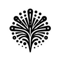 Black and White Fireworks Burst with Star Embellishments and Circular Accents, symmetrical, isolated on white background, minimalist . vector