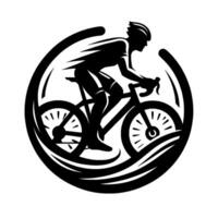 Dynamic Black and White Cyclist Silhouette, Enclosed Within Circular Motion Lines, Representing Speed and Endurance, Ideal for Sports Branding. vector