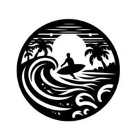 Silhouette of a surfer riding a wave, framed by a circular featuring palm trees and a stylized sun. vector