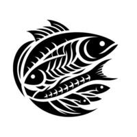 Stylized Black and White Fish Composition Group of Four Fish with Bone Details and Unique Shapes, Modern . vector