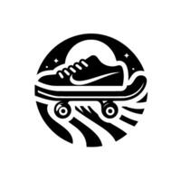 Black and white minimalist featuring a skateboarding shoe on a deck within a circular frame with stars and stylized lines. vector