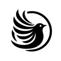 A stylized, symmetrical black bird encircled by a minimalist ring, wings spread, set against a pristine white backdrop. vector