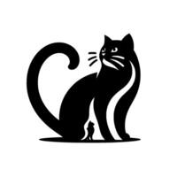 Elegant Black Cat Silhouette with a Tiny Cat Shadow, Minimalist Style, Looking Upwards, Isolated on White Background. vector