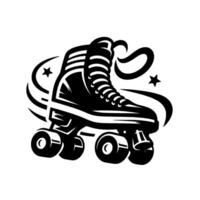 Stylized black and white illustration of a roller skate with starburst swirls and star elements, on a white background. vector