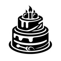 Black and White Illustration of a TwoTier Cake with Candles, Dripping Frosting, and Serving Utensils. vector