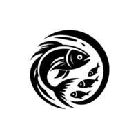 Stylized Black and White Fish A Large Fish Curving Around Smaller Fish, Enclosed in a Circle, Emphasizing Motion. vector