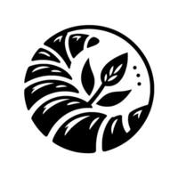 Minimalist black and white circular featuring stylized leaves sprouting from terraced fields, reminiscent of growth and nature. vector