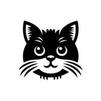 Stylized Black Cat Head depiction of a cute feline face with large eyes, whiskers, and fluffy ears in a minimalist , set against a white background. vector
