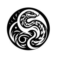 Yin Yang Snake A black and white circular featuring a stylized snake intertwined in a symbol of balance, with moon and sun elements. vector