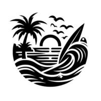 Silhouette of Tropical Beach Scene Palm Tree, Sunset, Surfboard, Waves, Flying Birds in a Circular Composition. vector