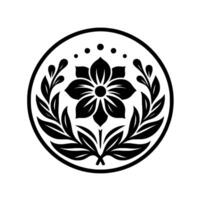 A monochrome floral crest within a circle, featuring a central flower, embellished by leaves, and punctuated by dotted accents, creating a symmetrical emblem. vector