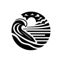 A minimalist black and white illustration of a stylized ocean scene within a circular frame, featuring a powerful breaking wave. vector