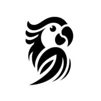 A bold, minimalist black and white silhouette of a parrot, designed in a modern, style, with a stylized head, crest, and body, set against a white background. vector