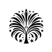 Black and White Stylized Fireworks Bursting with Stars, Centered Circular . vector