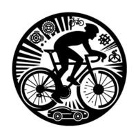 Black and White Circular Depicting a Cyclist in Motion Surrounded by Mechanical and Transportation Symbols. vector