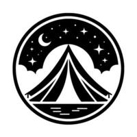 Circular, minimalist black and white emblem of a tent under a starry night sky with a crescent moon, evoking camping and adventure. vector