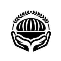 Black and white of cupped hands cradling a loaf of bread under a wheatsheaf arch, representing nourishment and care. vector