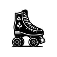 Black and white vintage roller skate illustration featuring decorative leaves on the boot, capturing a retro, sporty vibe on a white background. vector