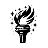 A minimalist illustration of a stylized black torch with a flaming top, surrounded by stylized stars and dots, against a white background. vector