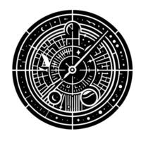 Intricate Black and White Circular Geometric Featuring Time Elements, Constellations, and a Compass. vector