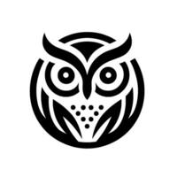 Minimalist Owl Black and White, Circular Featuring a Stylized Bird of Prey with Bold Eyes and Geometric Features, Against White vector