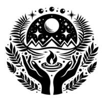 Sacred hands cradle a flaming chalice under a celestial dome, surrounded by laurel branches in a minimalist, mystical . vector