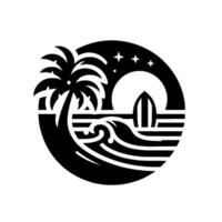 Silhouette of a Tropical Night Scene Palm Tree, Surfboard, Crescent Moon, Waves, and Stars, in a Circular Black and White . vector