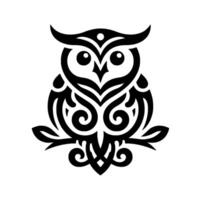 Black and White Tribal Owl Illustration with Ornate Geometric Patterns Perched on a Branch, Artistic on White Background vector