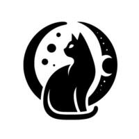 A stylized, minimalist black cat silhouette sitting inside a crescent moon and circle, featuring a celestial . vector