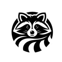 A stylized, minimalist black and white raccoon head emblem, smiling within a circular border, evoking a friendly aesthetic. vector