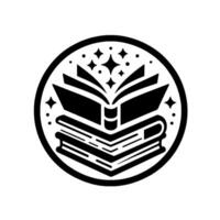 Black and white circular features stacked books with an open book on top, sparkles, and stars, symbolizing knowledge and magic. vector