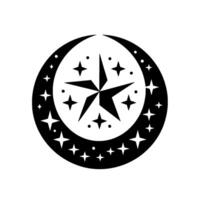 Minimalist celestial featuring a bold black star enclosed in a crescent moon with scattered stars and dots, on a white background. vector