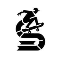 Minimalist Black and White Silhouette of Skateboarder Performing an Aerial Trick within an Abstract S Shape on White Background. vector