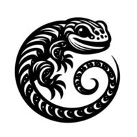 Circular Black and White Gecko Silhouette with TribalInspired Patterns and a Curled Tail on a White Background vector