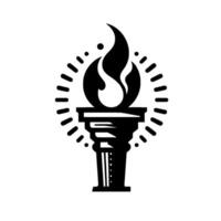 A stylized black and white depiction of a torch with a radiating, dotfilled corona and a flame, symbolizing enlightenment. vector
