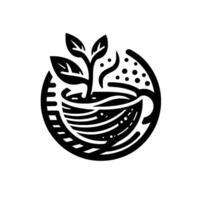 Stylized Black and White A plant growing from a coffee cup encircled by circular elements on a white background, promoting nature and beverage. vector