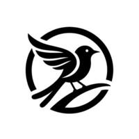 A minimalist black and white featuring a stylized bird perched on a curved branch, framed by a circle. vector