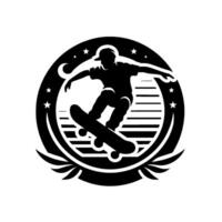 Black and White Silhouette of Skateboarder in MidAir Inside a Circular Emblem with Stars and Wings vector