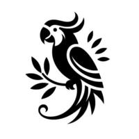 Black and White Artistic Illustration of a Cockatoo Perched on a Branch with Decorative Leaves and Swooping Tail. vector