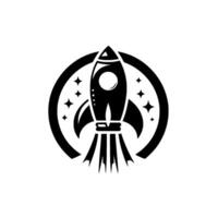 Bold Black and White Rocket Ship , Surrounded by a Circle of Stars, Ready for Launch and Exploration. vector