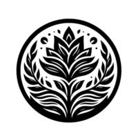 A stylized, symmetrical black and white floral illustration, reminiscent of a mandala or emblem, showcasing layered leaves and delicate detail within a circular frame, evoking balance and simplicity. vector