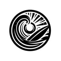 Stylized Black and White Circular Wave, Surfboard, and Sun in a minimalist, geometric composition. vector