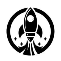Monochromatic Illustration of a Rocket Ship Inside a Circular Frame, Depicting Launch with Stars. vector
