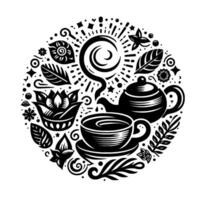 Artistic Black and White Circle Composition of Tea Ceremony, Featuring Teapot, Cup, Saucer, and Botanical Elements. vector