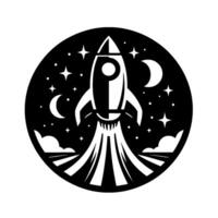 Black and white illustration of a rocket ship taking off, encircled by a cosmos featuring stars, clouds, and moons, ideal for space exploration themes. vector
