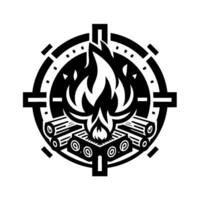 Geometric bonfire featuring flames, burning logs, and a circular frame with a minimal, modern, black and white aesthetic, suitable for a or emblem. vector